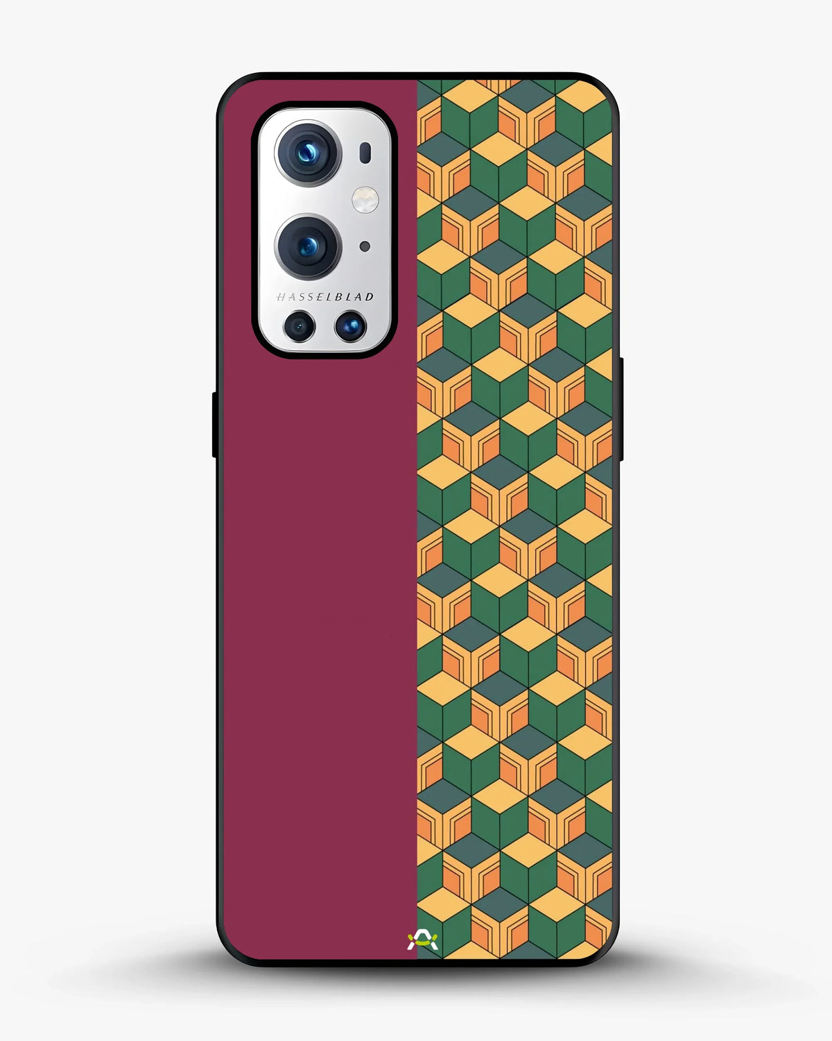 3D Cube Pattern Phone Case - Yellow & Burgundy Geometric Print for iPhone, Samsung, Pixel, OnePlus & Vivo