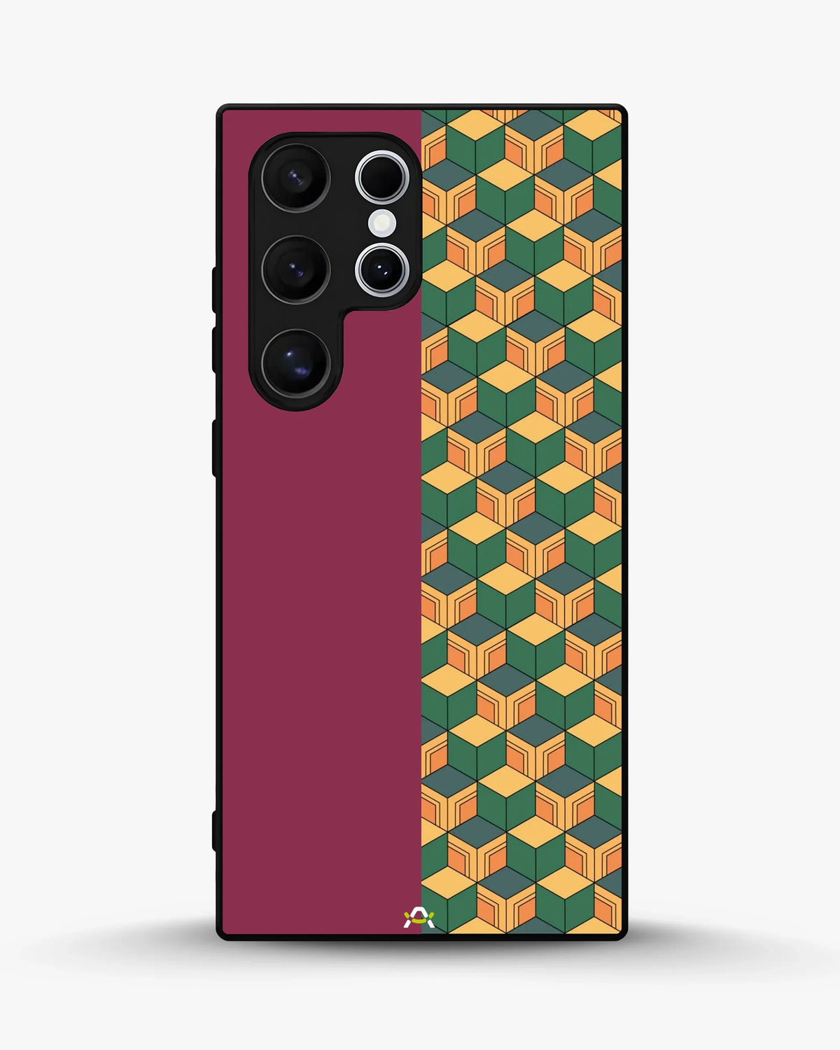 3D Cube Pattern Phone Case - Yellow & Burgundy Geometric Print for iPhone, Samsung, Pixel, OnePlus & Vivo