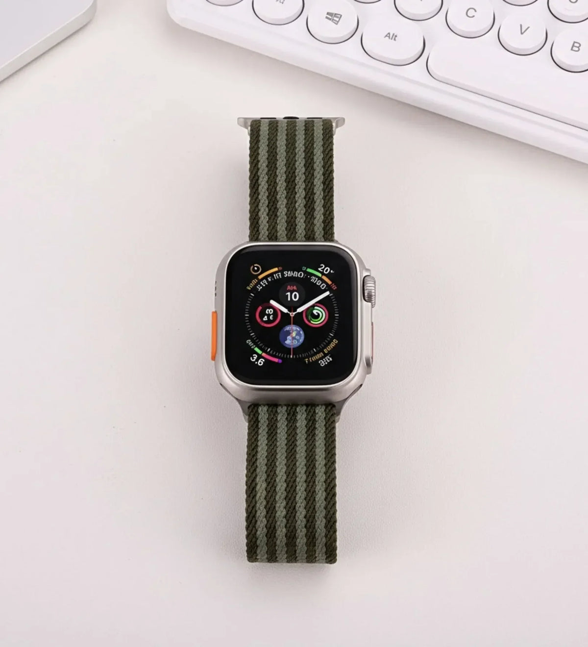 Parachute-Buckle Striped Nylon Apple Watch Band – Olive Green