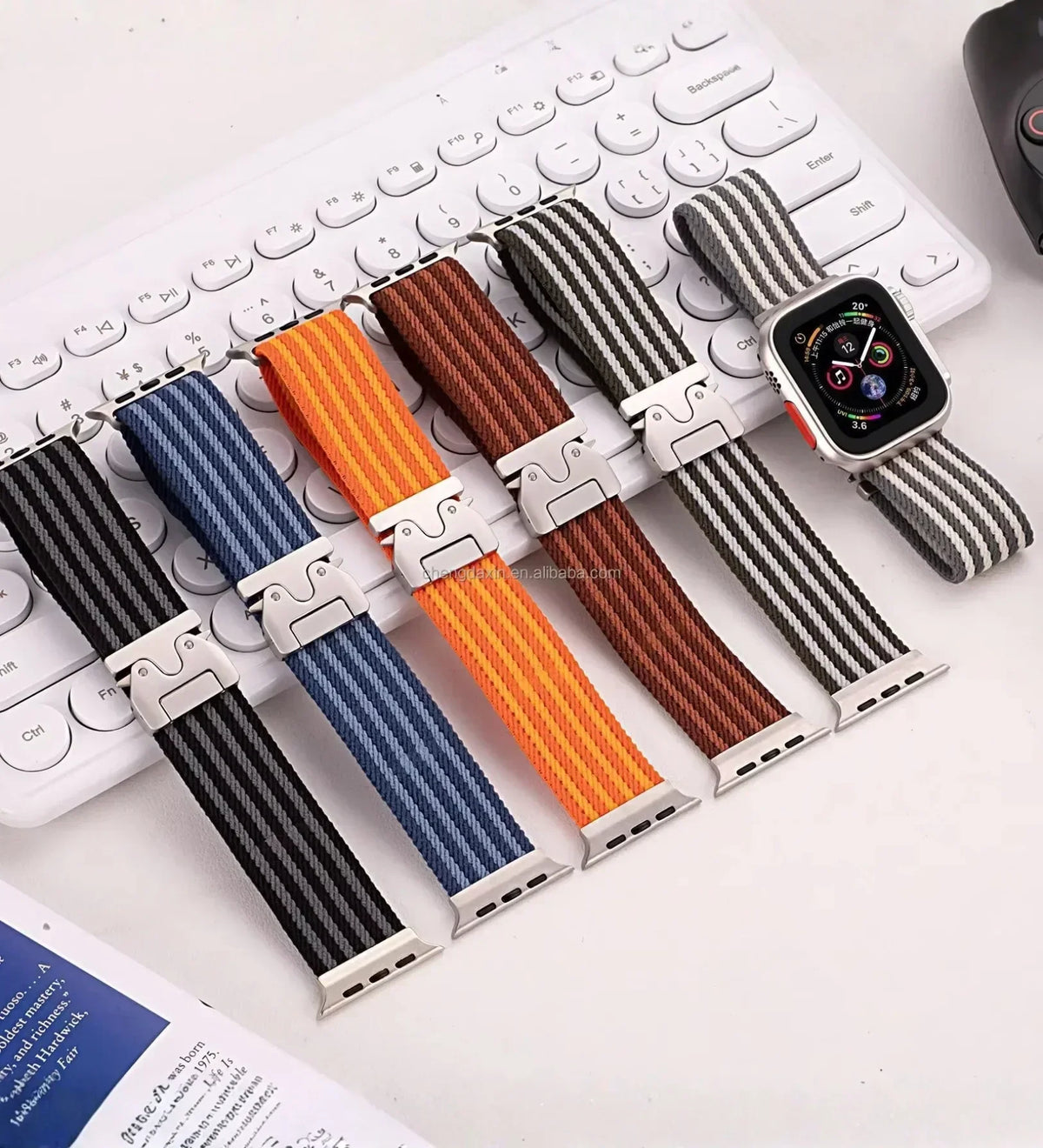 Parachute-Buckle Striped Nylon Apple Watch Band – Black