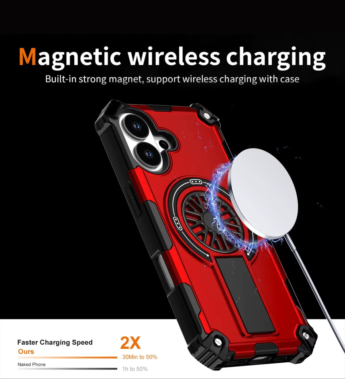 Heavy Duty Magnetic Armor iPhone Case with Kickstand & Spin Wheel - Red