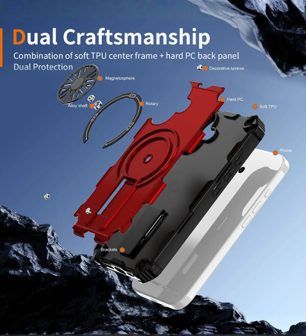 Heavy Duty Magnetic Armor iPhone Case with Kickstand & Spin Wheel - Red