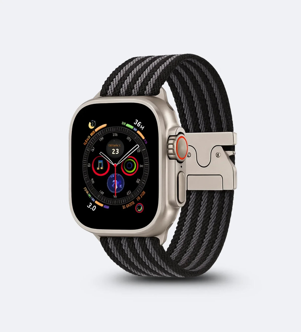 Parachute-Buckle Striped Nylon Apple Watch Band – Black