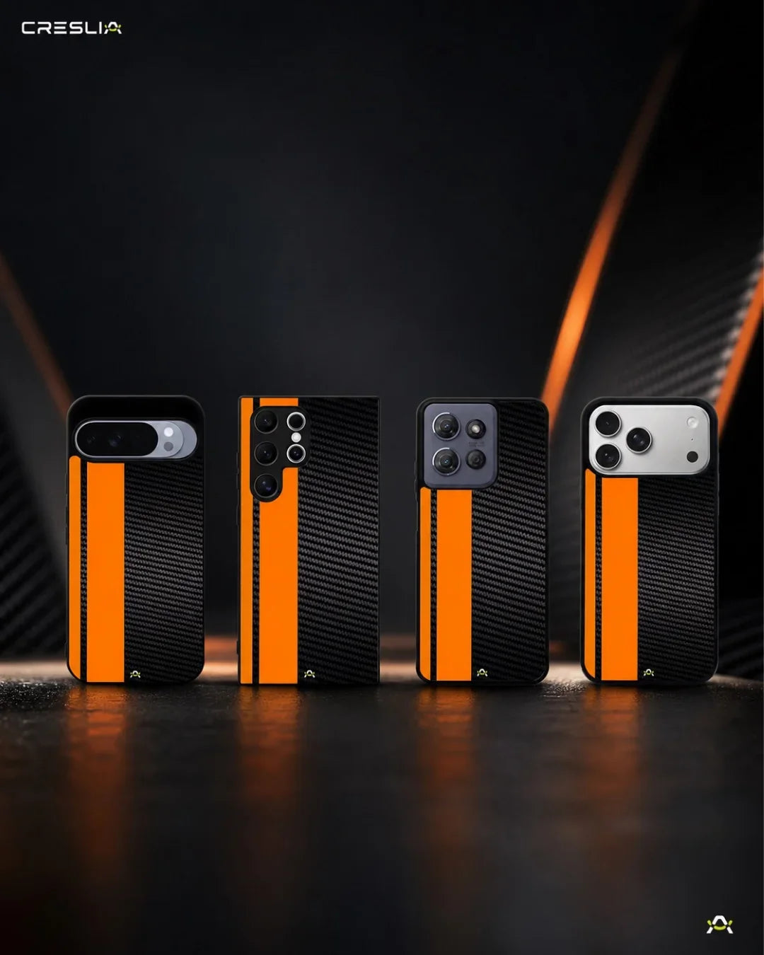 Carbon Weave Print Phone Case - Orange & Black Textured Pattern for iPhone, Samsung, Pixel, OnePlus & Vivo