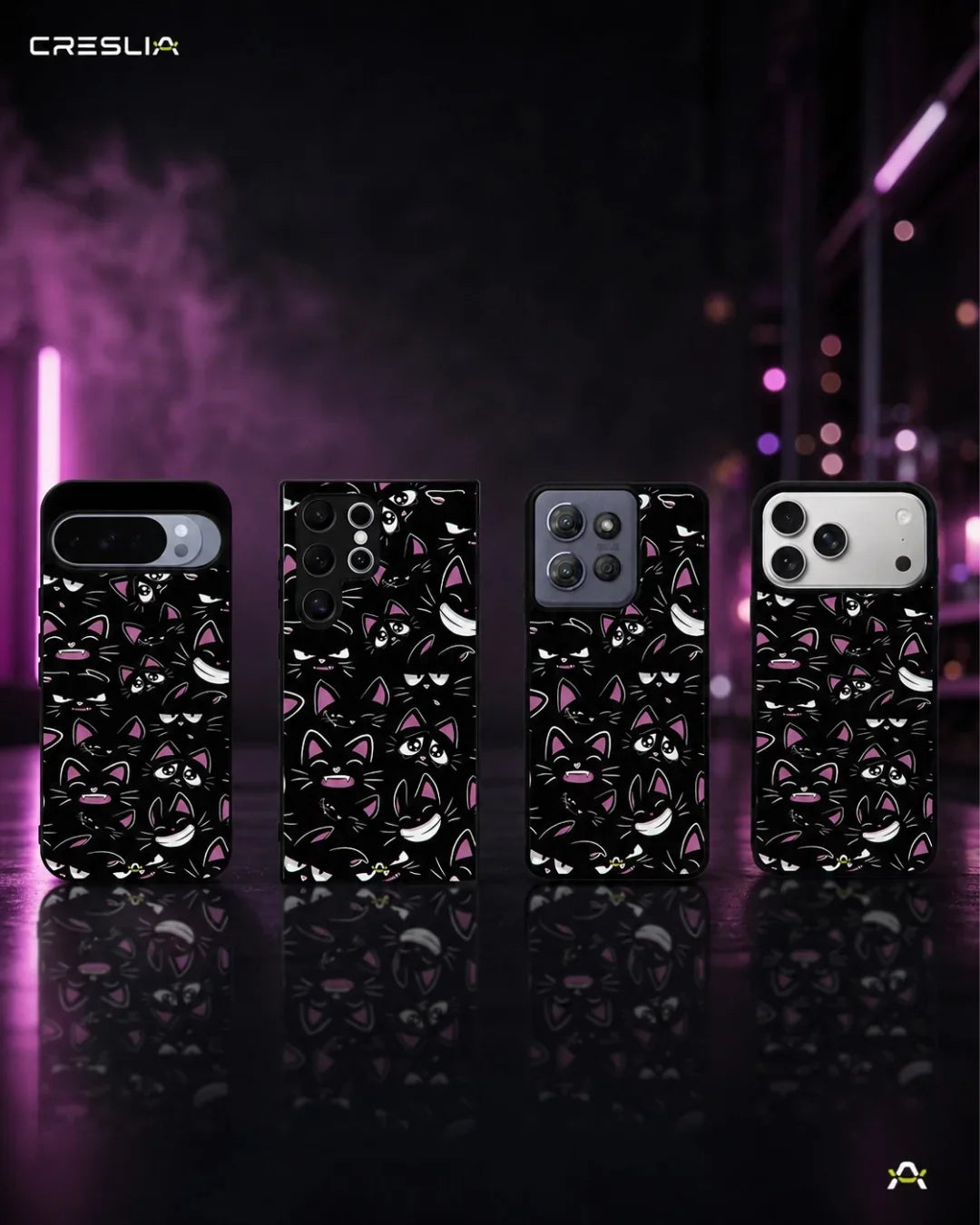 Cartoon Cat Faces Phone Case - Cute Black & Pink Print for iPhone, Samsung, Pixel, OnePlus & Vivo