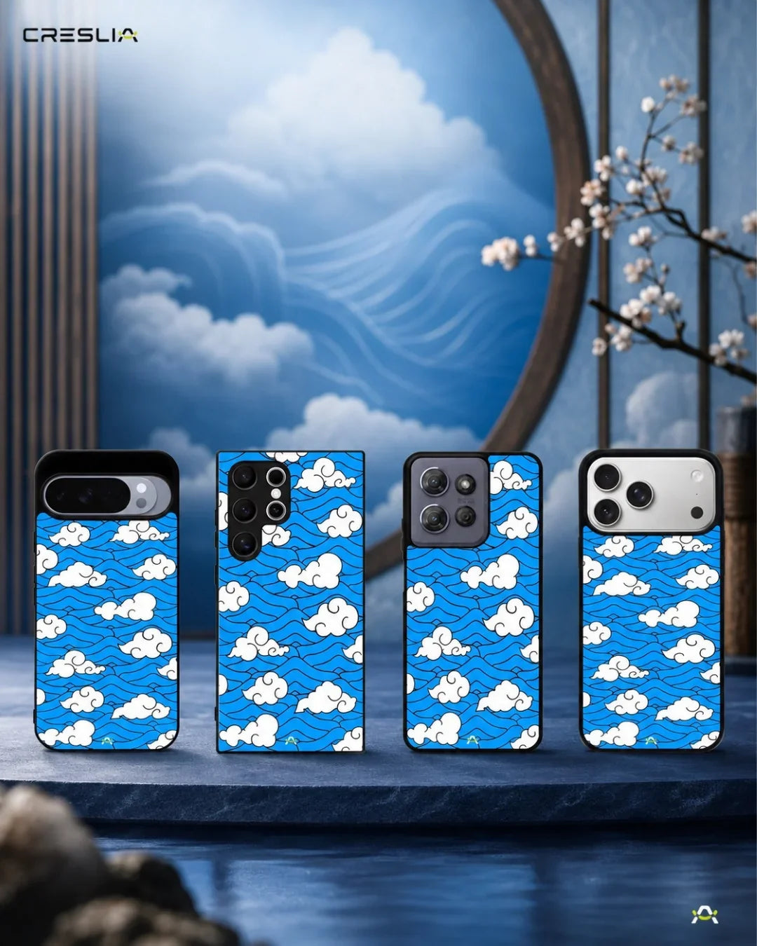 Cloud Pattern Phone Case - Wavy Blue & White Print for iPhone, Samsung, Pixel, OnePlus & Vivo