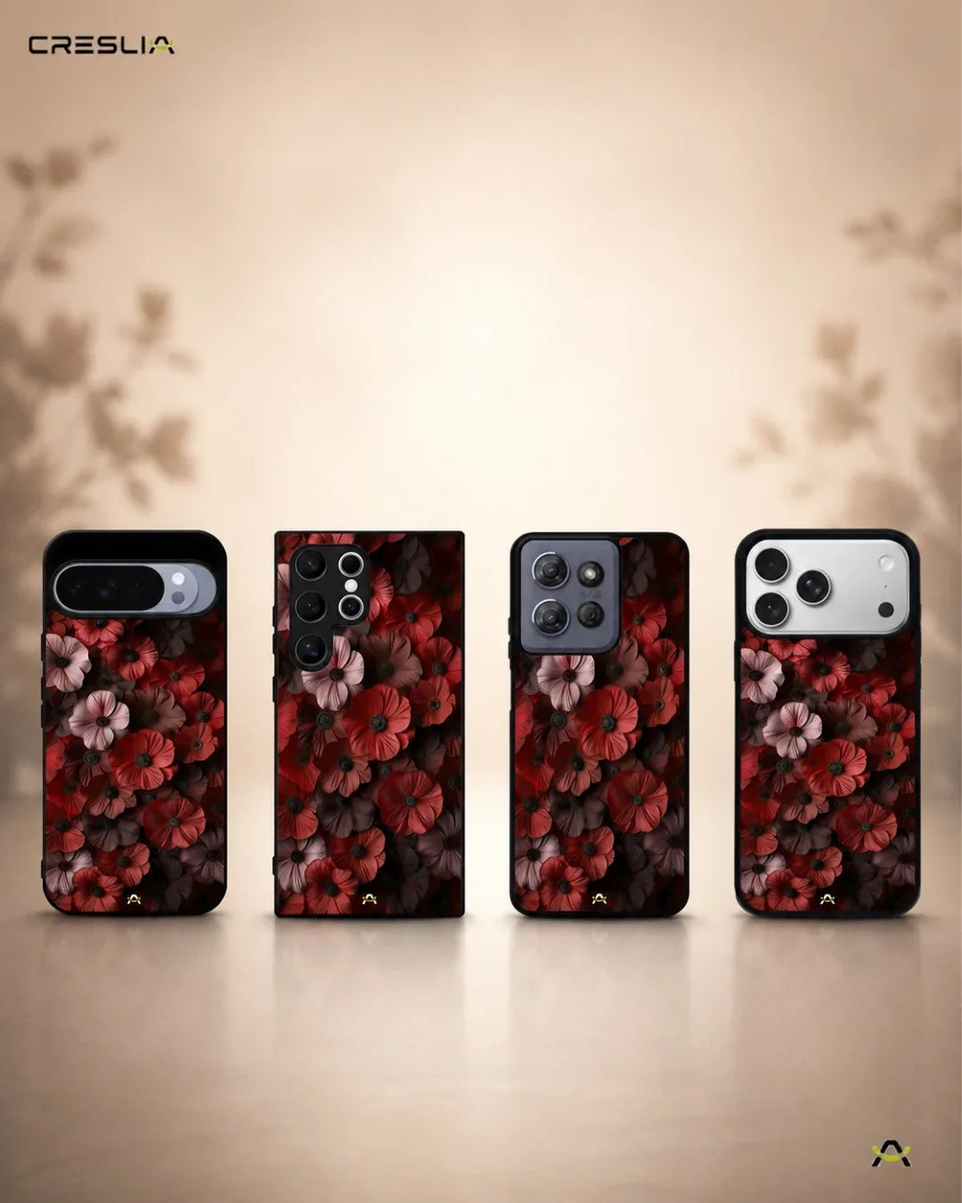 Crimson Floral Phone Case - Bold Botanical Print on Charcoal for iPhone, Samsung, Pixel, OnePlus & Vivo