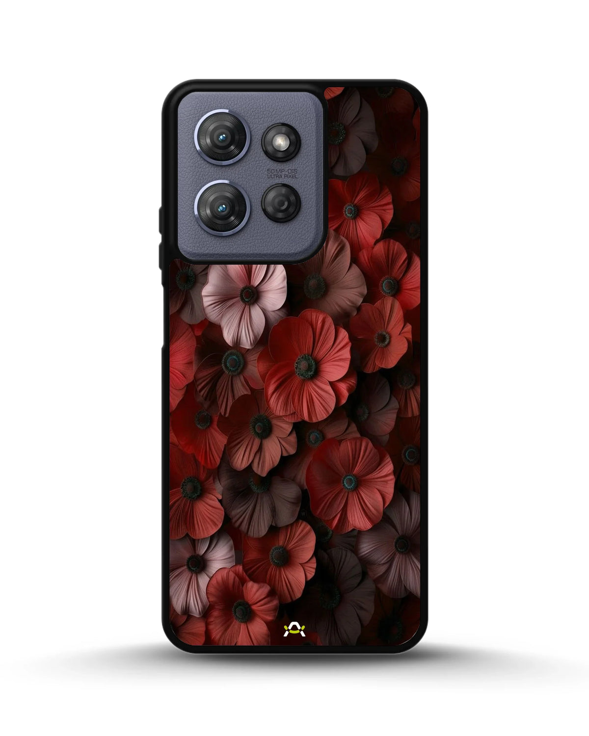Crimson Floral Phone Case - Bold Botanical Print on Charcoal for iPhone, Samsung, Pixel, OnePlus & Vivo