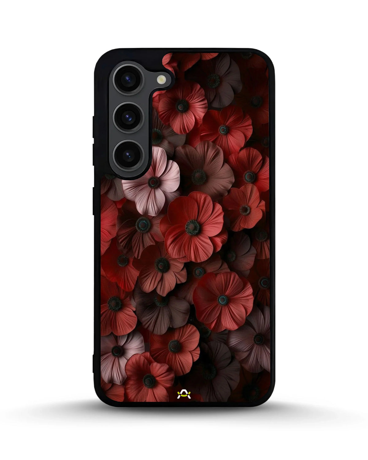 Crimson Floral Phone Case - Bold Botanical Print on Charcoal for iPhone, Samsung, Pixel, OnePlus & Vivo