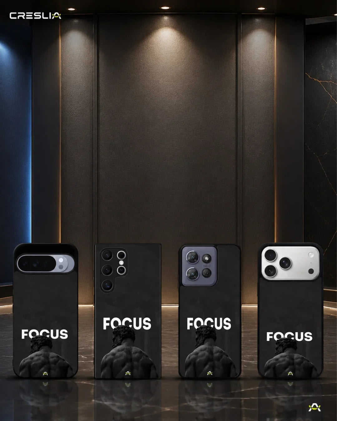 Focus Statue Phone Case - Bold Black Motivational Print for iPhone, Samsung, Pixel, OnePlus & Vivo