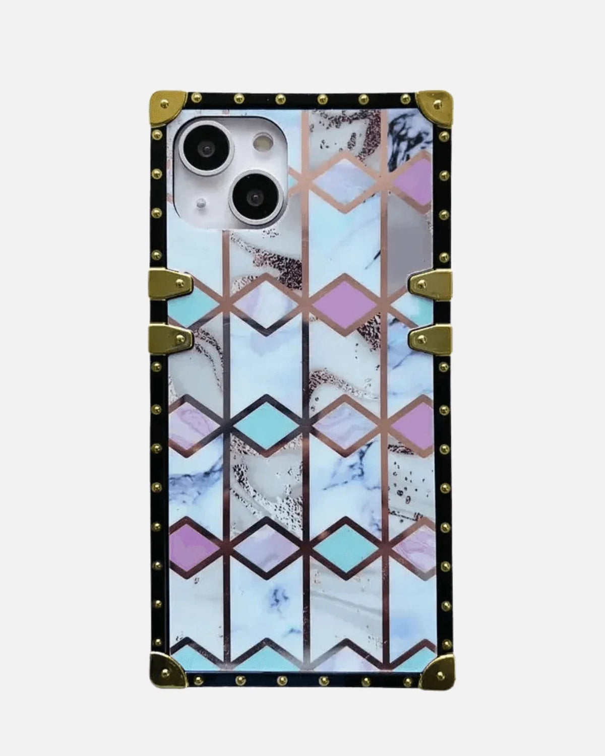 Geometric Marble Square Case – iPhone 13/14 Series – White/Gold – Luxury Bumper Cover with Gold Studded Frame for Women & Girls