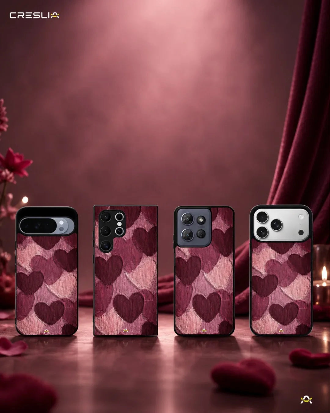 Hearts Pattern Phone Case - Textured Burgundy & Pink Print for iPhone, Samsung, Pixel, OnePlus & Vivo