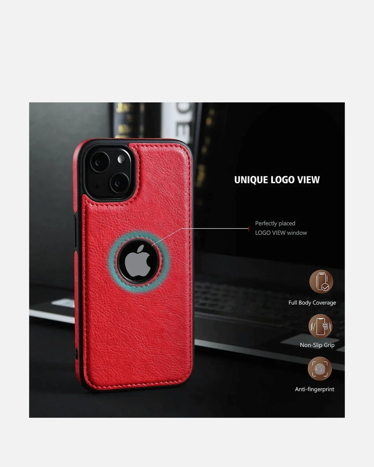 Leather Hybrid Case with Logo Cutout – iPhone 13/14/15/16E Series – Red – Slim Fit with Shockproof TPU Edge