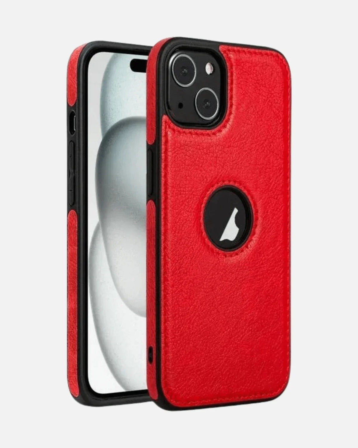 Leather Hybrid Case with Logo Cutout – iPhone 13/14/15/16E Series – Red – Slim Fit with Shockproof TPU Edge