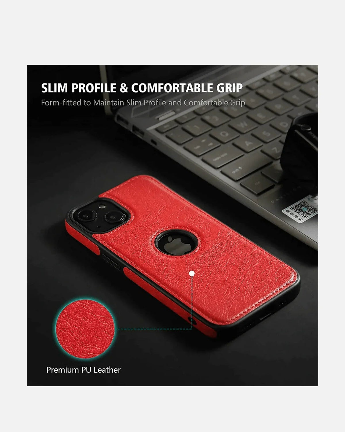 Leather Hybrid Case with Logo Cutout – iPhone 13/14/15/16E Series – Red – Slim Fit with Shockproof TPU Edge