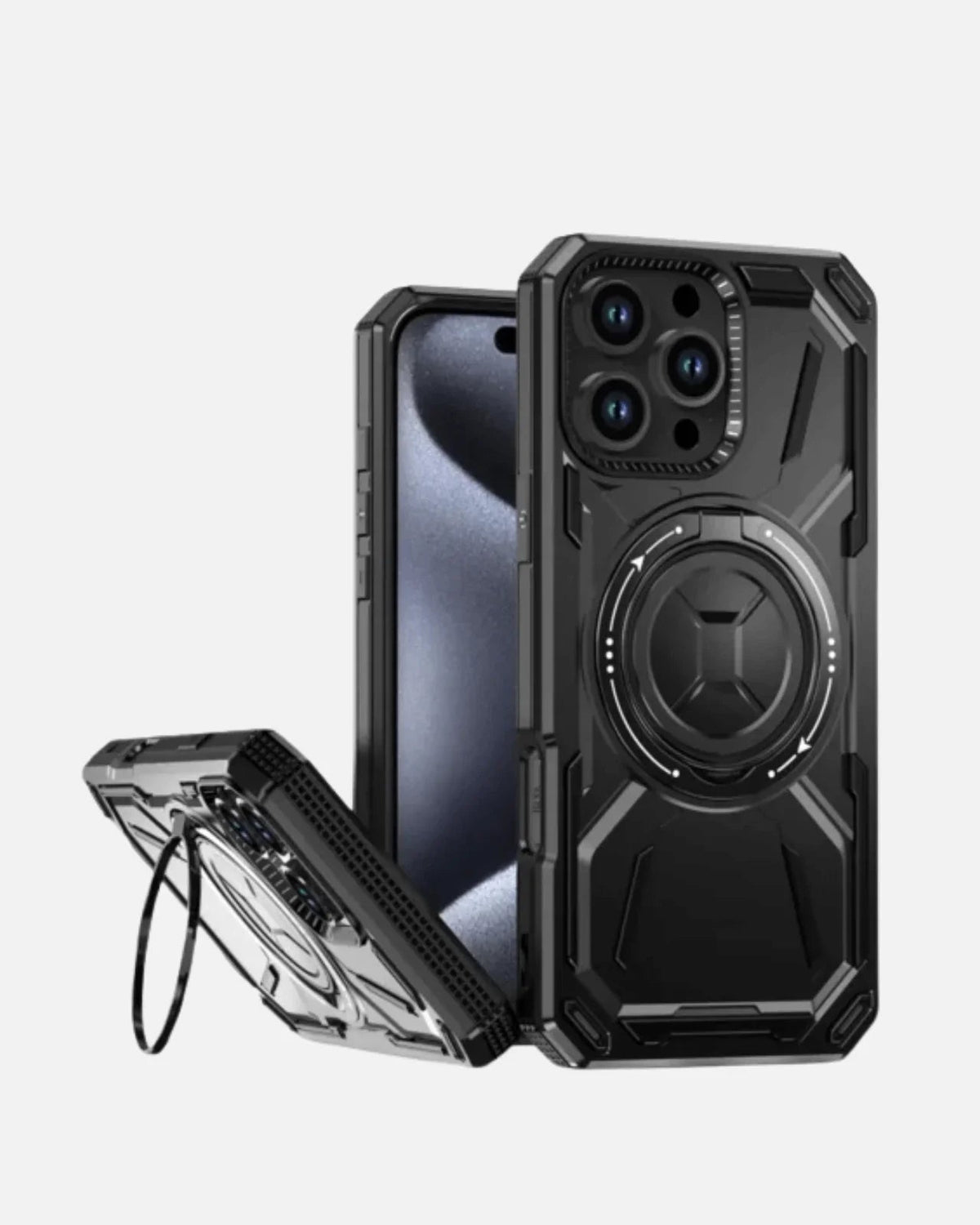 Rugged Armor Case with 360° Ring Kickstand – iPhone 16 Pro Max – Black – Shockproof Full-Body Protection