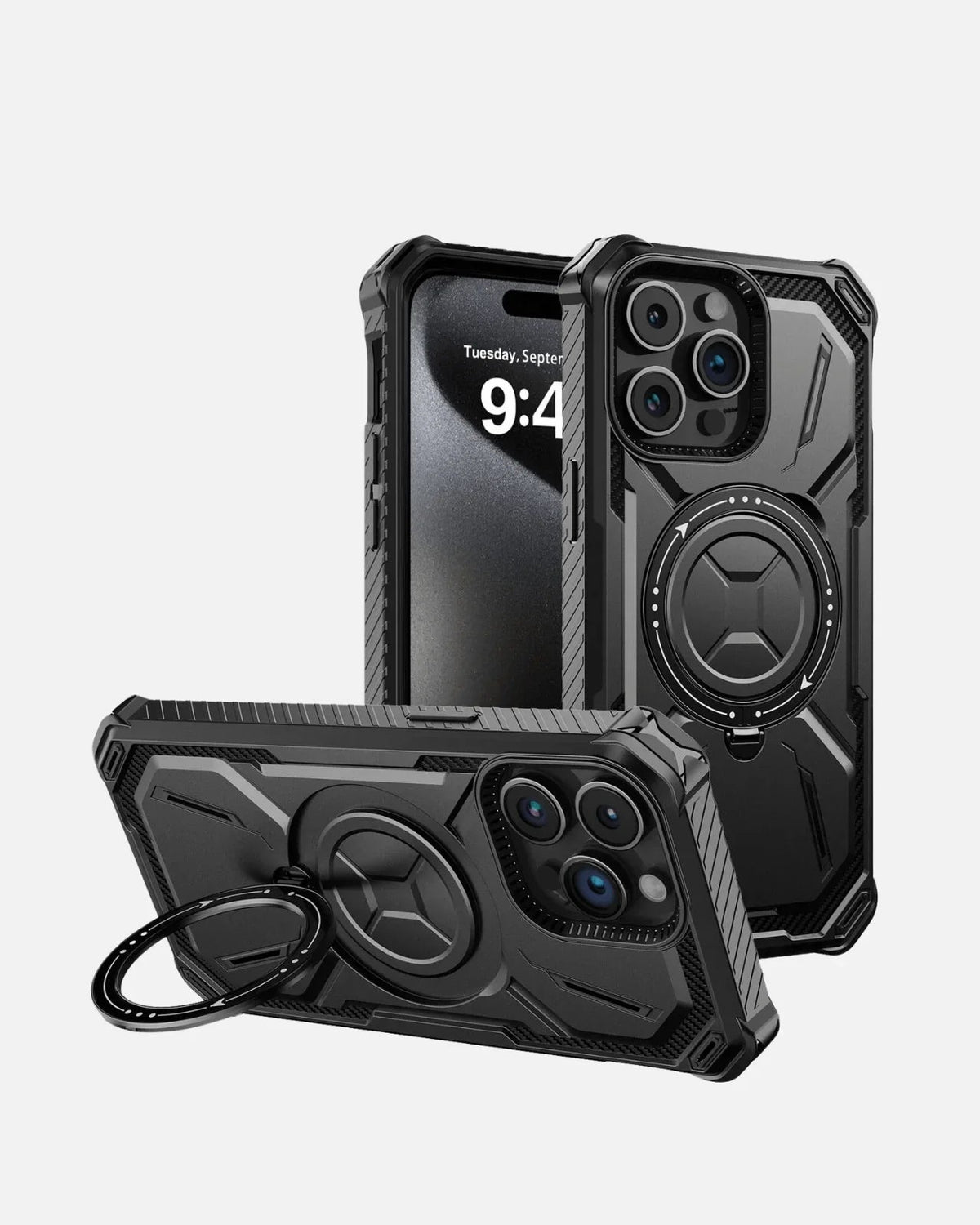 Rugged Armor Case with 360° Ring Kickstand – iPhone 16 Pro Max – Black – Shockproof Full-Body Protection