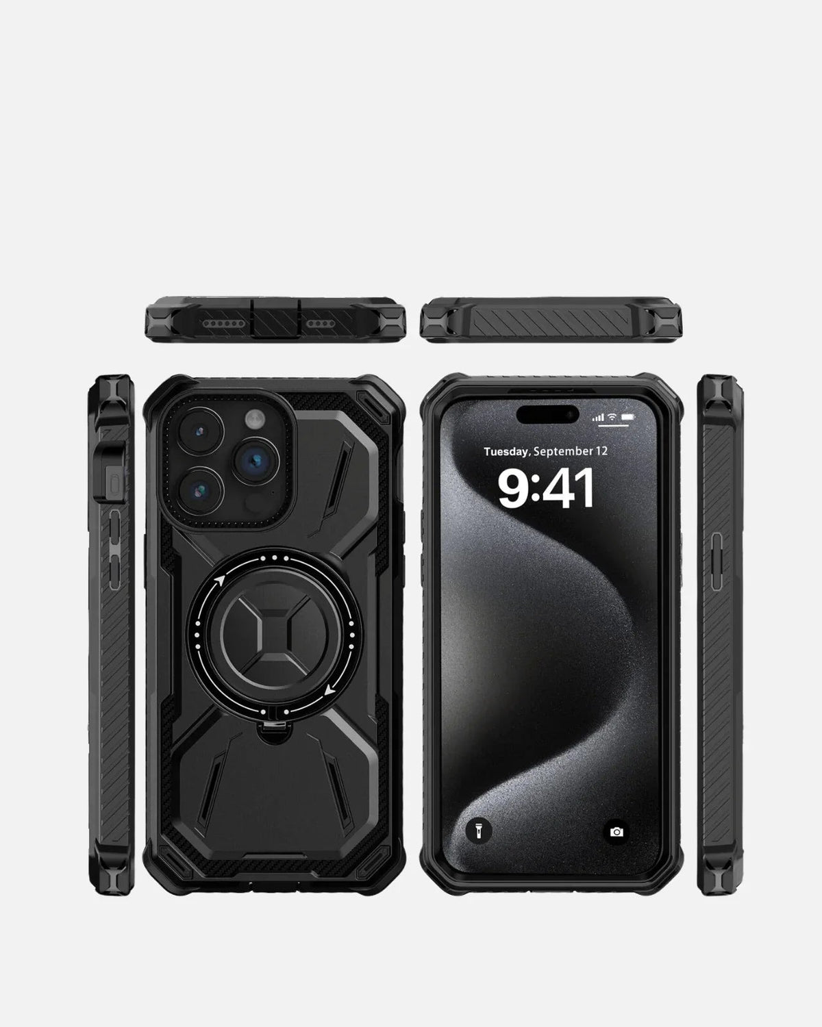 Rugged Armor Case with 360° Ring Kickstand – iPhone 16 Pro Max – Black – Shockproof Full-Body Protection