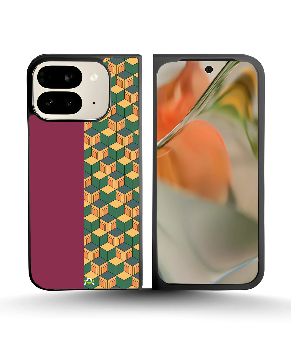 3D Cube Pattern Phone Case - Yellow & Burgundy Geometric Print for iPhone, Samsung, Pixel, OnePlus & Vivo