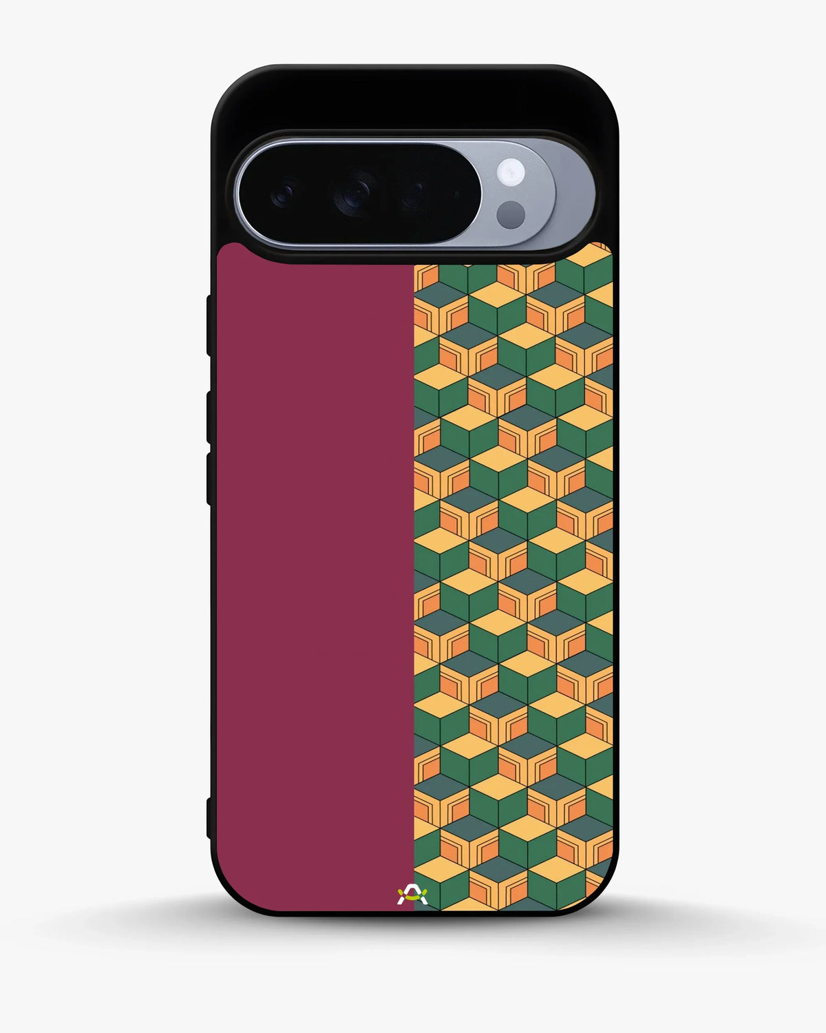 3D Cube Pattern Phone Case - Yellow & Burgundy Geometric Print for iPhone, Samsung, Pixel, OnePlus & Vivo