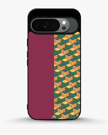 3D Cube Pattern Phone Case - Yellow & Burgundy Geometric Print for iPhone, Samsung, Pixel, OnePlus & Vivo