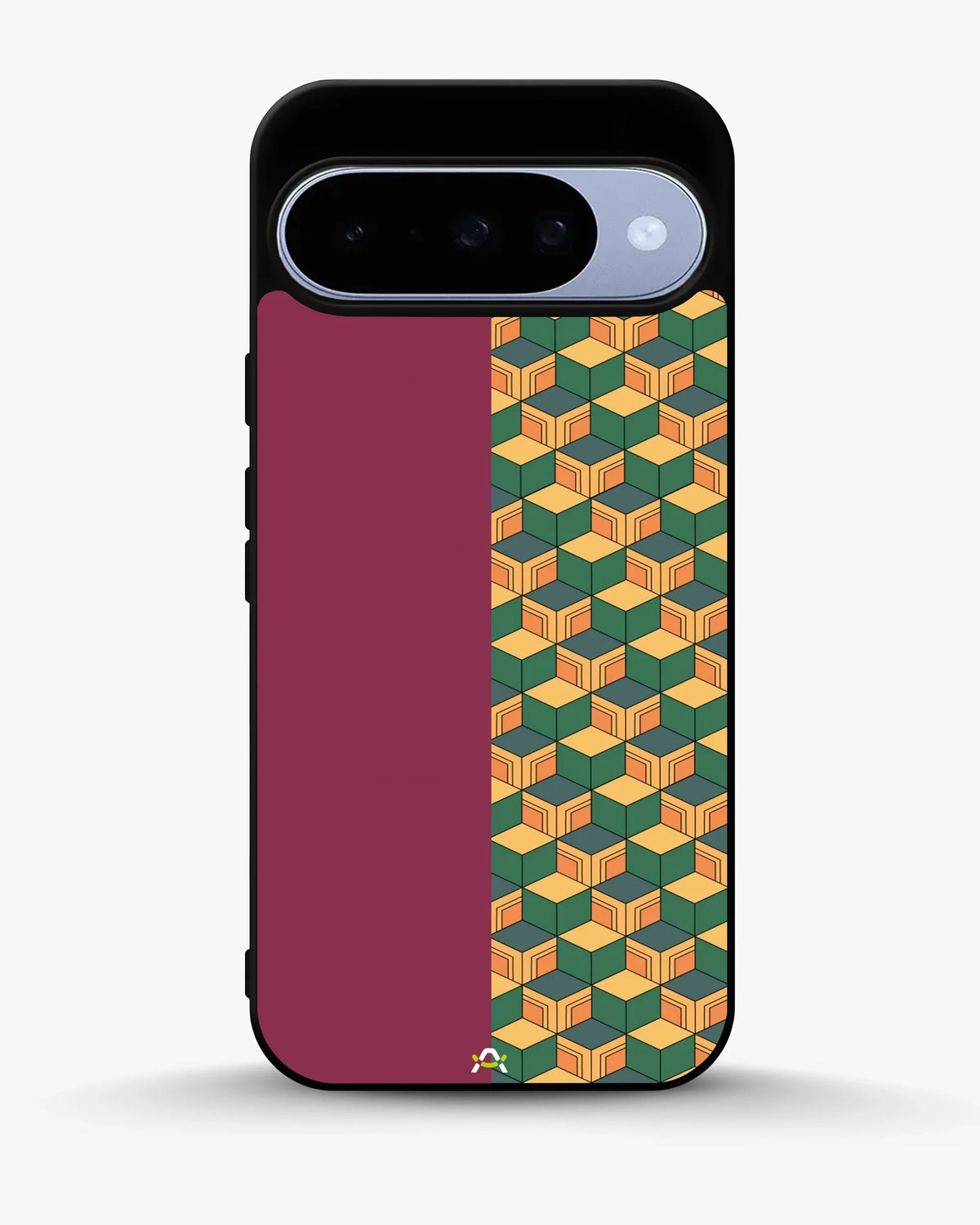 3D Cube Pattern Phone Case - Yellow & Burgundy Geometric Print for iPhone, Samsung, Pixel, OnePlus & Vivo