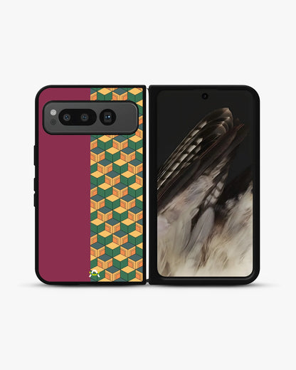 3D Cube Pattern Phone Case - Yellow & Burgundy Geometric Print for iPhone, Samsung, Pixel, OnePlus & Vivo