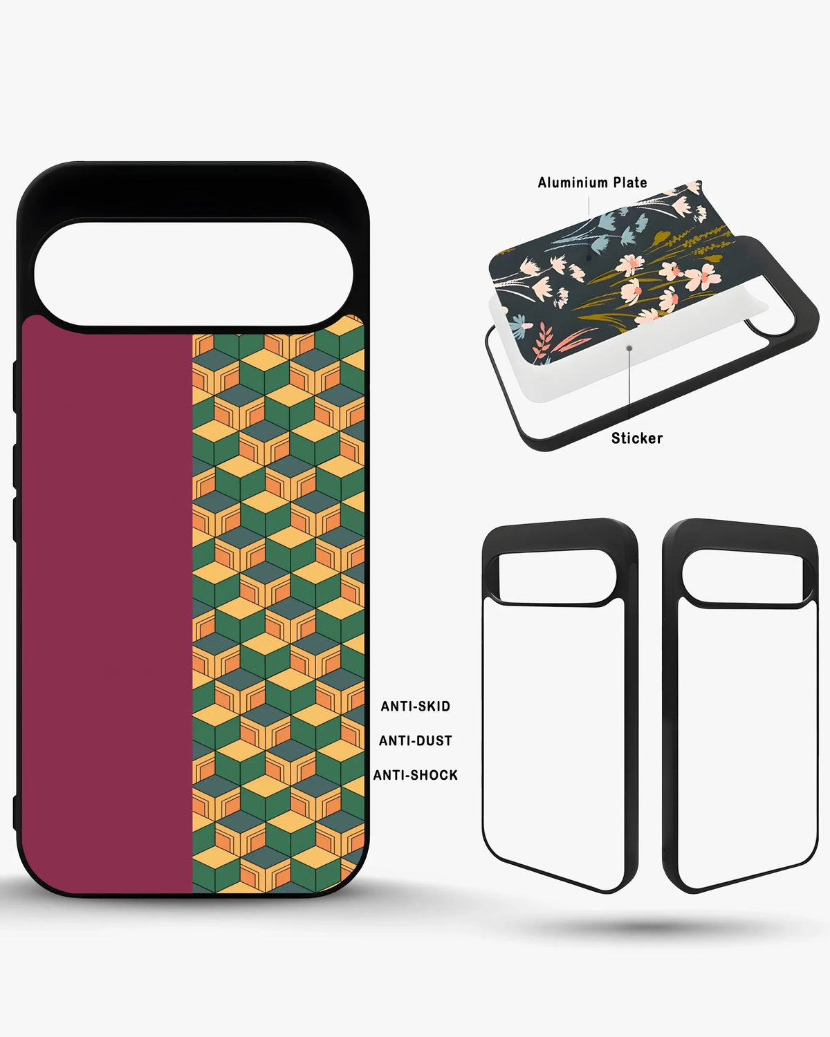 3D Cube Pattern Phone Case - Yellow & Burgundy Geometric Print for iPhone, Samsung, Pixel, OnePlus & Vivo