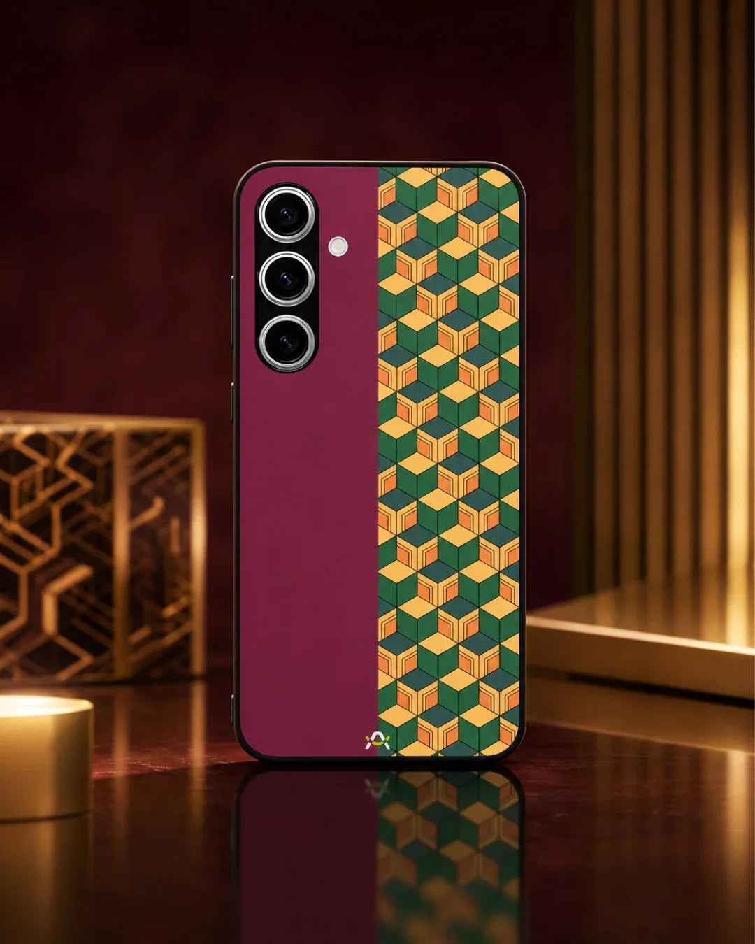 3D Cube Pattern Phone Case - Yellow & Burgundy Geometric Print for iPhone, Samsung, Pixel, OnePlus & Vivo