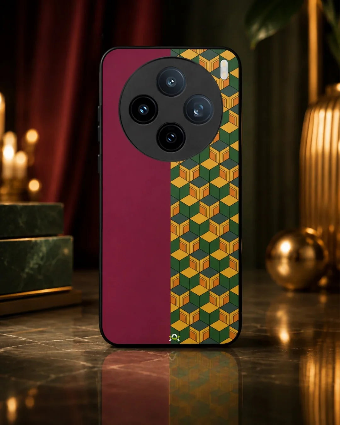 3D Cube Pattern Phone Case - Yellow & Burgundy Geometric Print for iPhone, Samsung, Pixel, OnePlus & Vivo