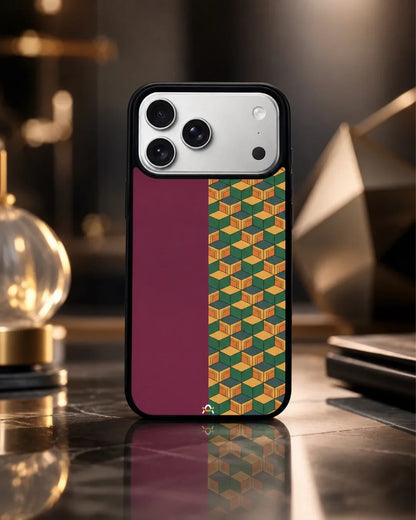 3D Cube Pattern Phone Case - Yellow & Burgundy Geometric Print for iPhone, Samsung, Pixel, OnePlus & Vivo