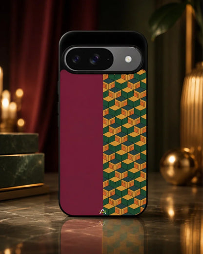 3D Cube Pattern Phone Case - Yellow & Burgundy Geometric Print for iPhone, Samsung, Pixel, OnePlus & Vivo