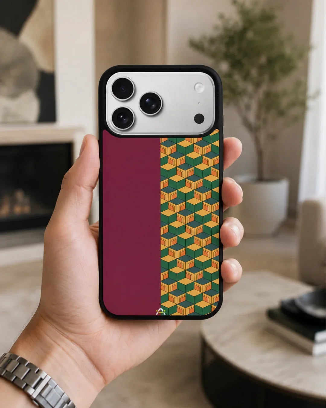3D Cube Pattern Phone Case - Yellow & Burgundy Geometric Print for iPhone, Samsung, Pixel, OnePlus & Vivo