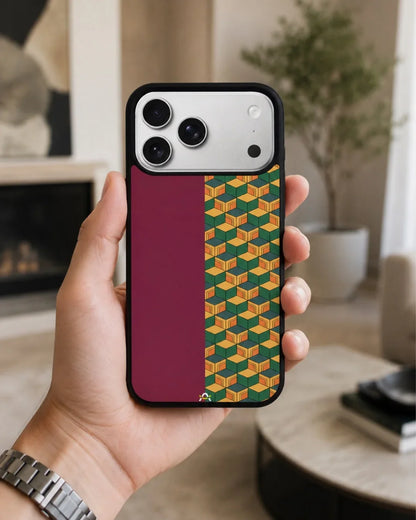 3D Cube Pattern Phone Case - Yellow & Burgundy Geometric Print for iPhone, Samsung, Pixel, OnePlus & Vivo