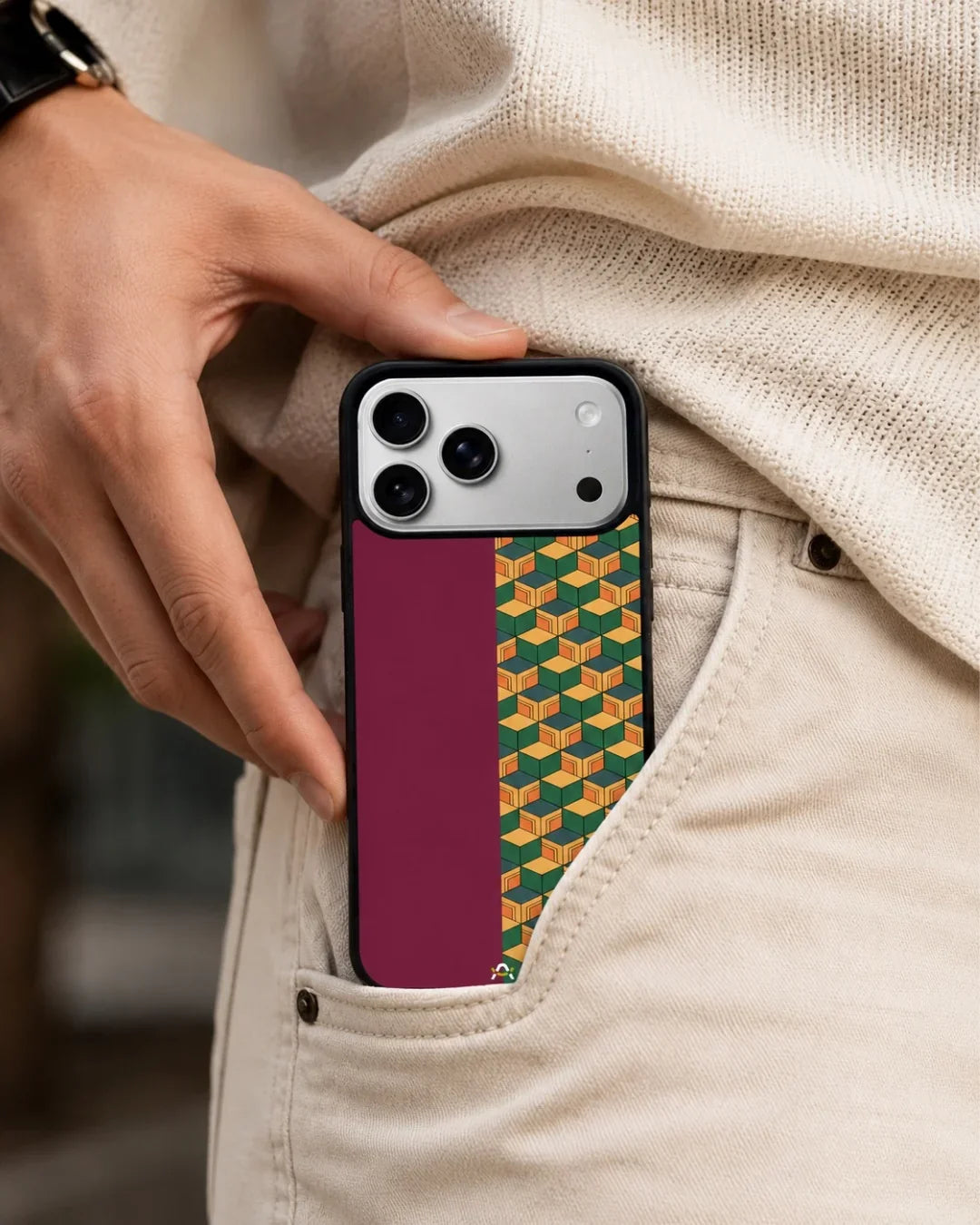 3D Cube Pattern Phone Case - Yellow & Burgundy Geometric Print for iPhone, Samsung, Pixel, OnePlus & Vivo