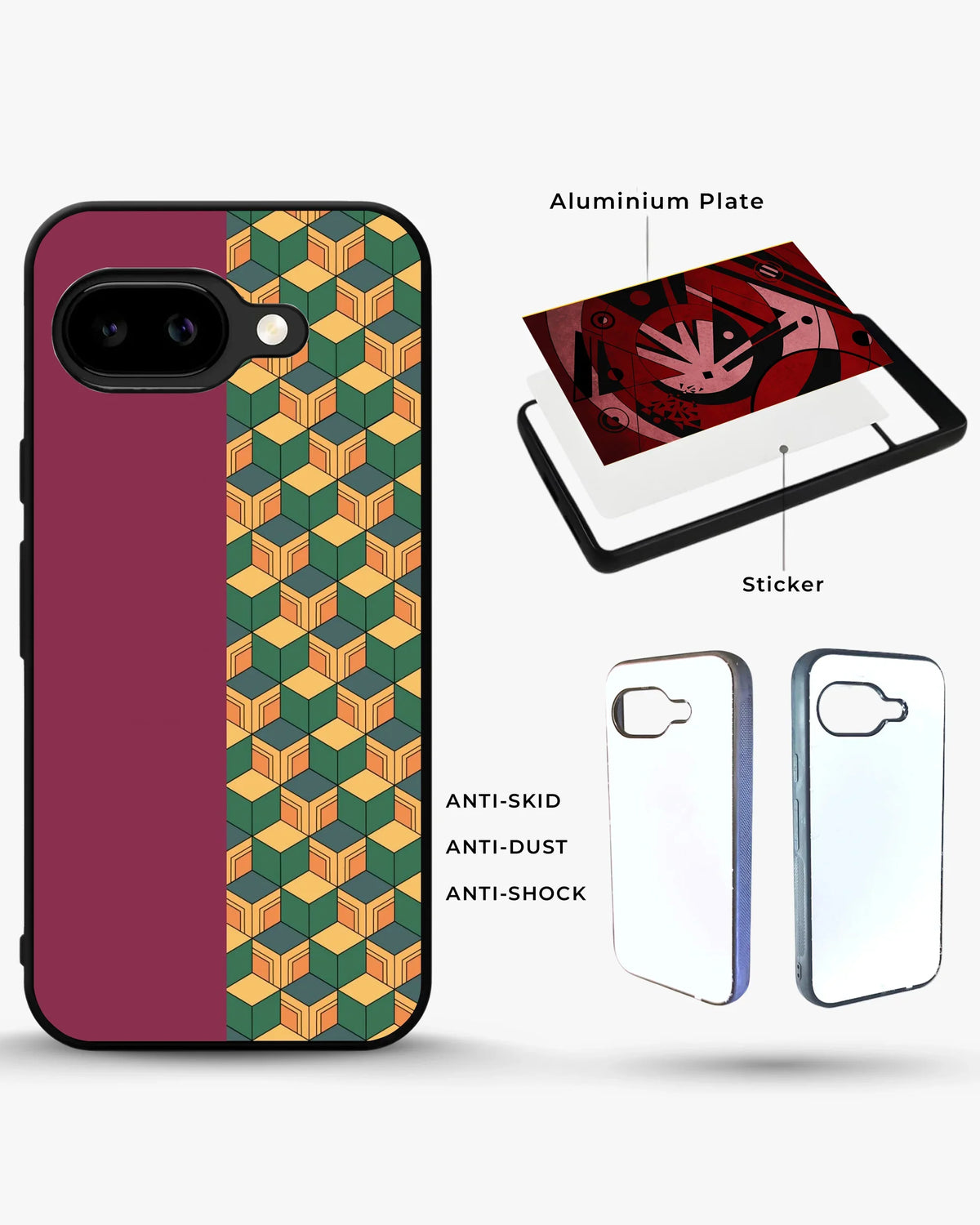 3D Cube Pattern Phone Case - Yellow & Burgundy Geometric Print for iPhone, Samsung, Pixel, OnePlus & Vivo