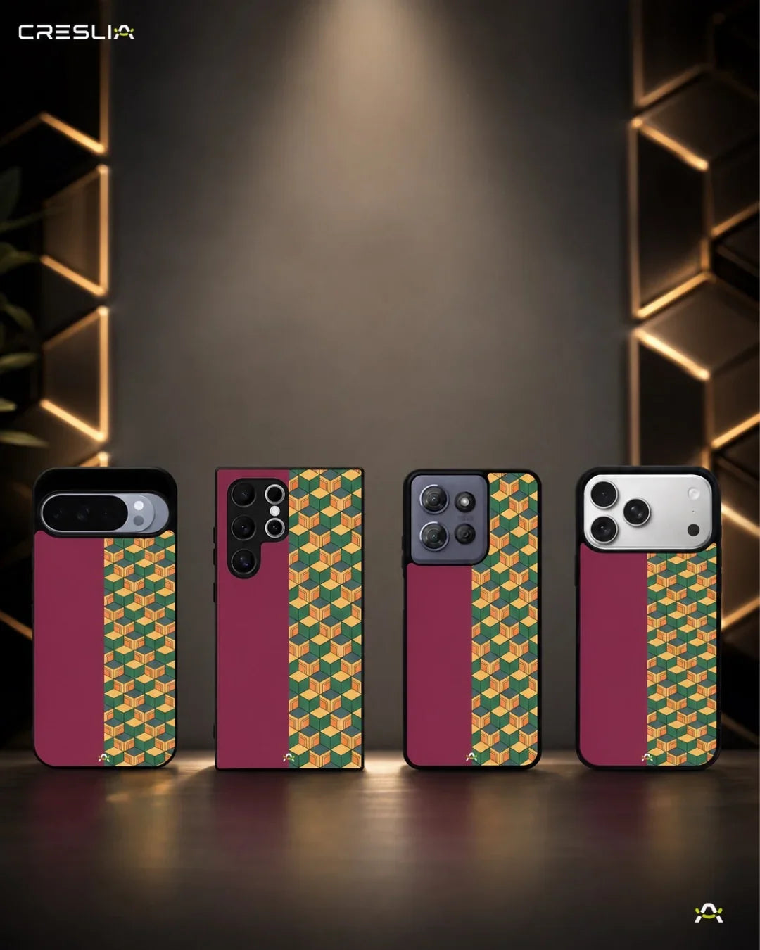 3D Cube Pattern Phone Case - Yellow & Burgundy Geometric Print for iPhone, Samsung, Pixel, OnePlus & Vivo