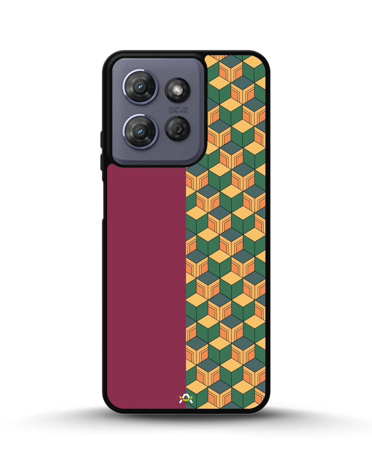 3D Cube Pattern Phone Case - Yellow & Burgundy Geometric Print for iPhone, Samsung, Pixel, OnePlus & Vivo
