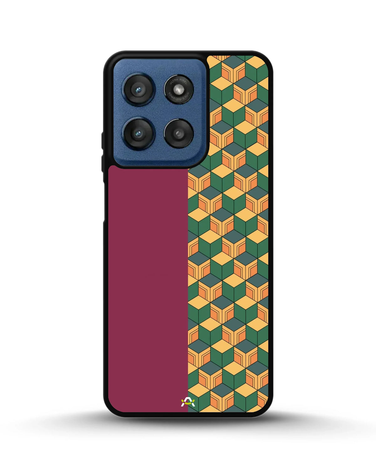 3D Cube Pattern Phone Case - Yellow & Burgundy Geometric Print for iPhone, Samsung, Pixel, OnePlus & Vivo
