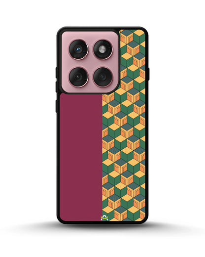 3D Cube Pattern Phone Case - Yellow & Burgundy Geometric Print for iPhone, Samsung, Pixel, OnePlus & Vivo
