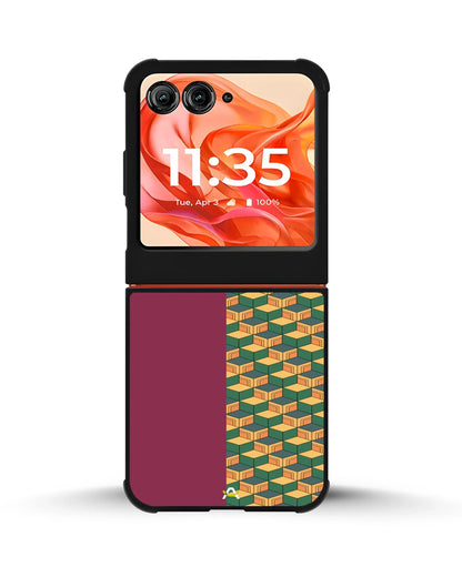 3D Cube Pattern Phone Case - Yellow & Burgundy Geometric Print for iPhone, Samsung, Pixel, OnePlus & Vivo