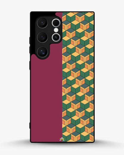 3D Cube Pattern Phone Case - Yellow & Burgundy Geometric Print for iPhone, Samsung, Pixel, OnePlus & Vivo