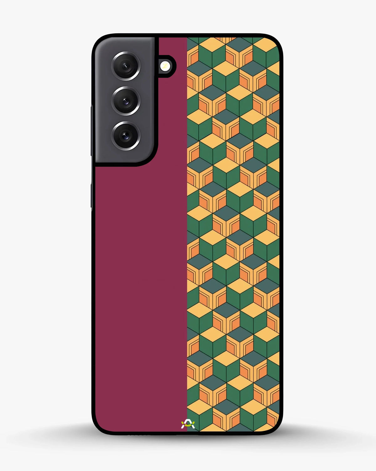 3D Cube Pattern Phone Case - Yellow & Burgundy Geometric Print for iPhone, Samsung, Pixel, OnePlus & Vivo