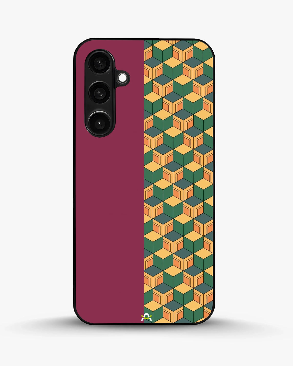 3D Cube Pattern Phone Case - Yellow & Burgundy Geometric Print for iPhone, Samsung, Pixel, OnePlus & Vivo