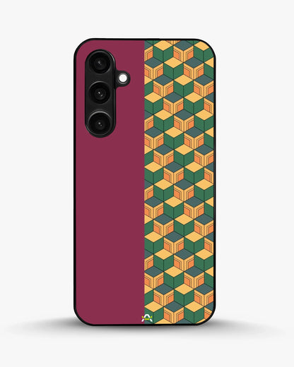 3D Cube Pattern Phone Case - Yellow & Burgundy Geometric Print for iPhone, Samsung, Pixel, OnePlus & Vivo