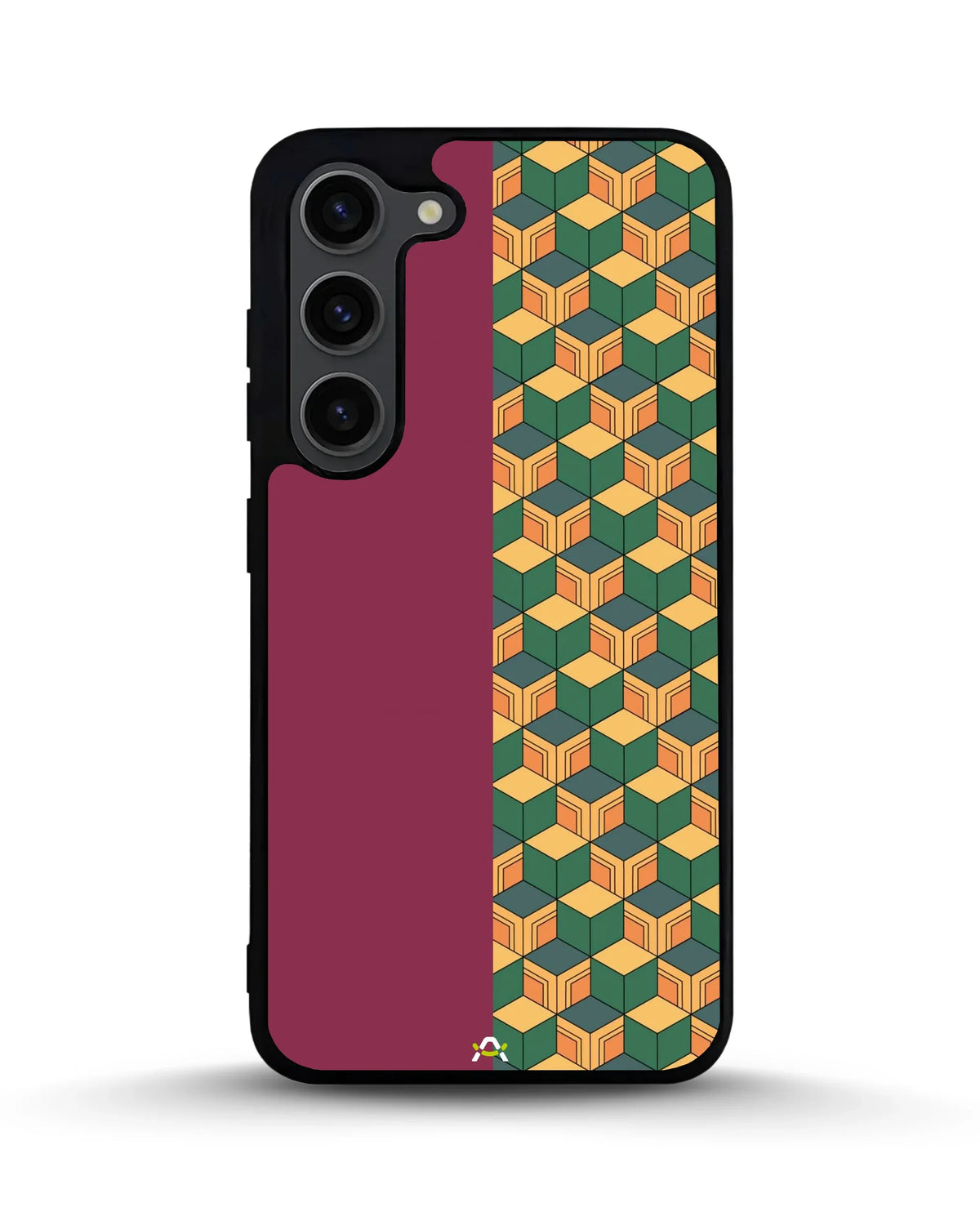 3D Cube Pattern Phone Case - Yellow & Burgundy Geometric Print for iPhone, Samsung, Pixel, OnePlus & Vivo