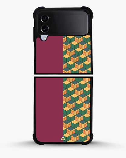 3D Cube Pattern Phone Case - Yellow & Burgundy Geometric Print for iPhone, Samsung, Pixel, OnePlus & Vivo