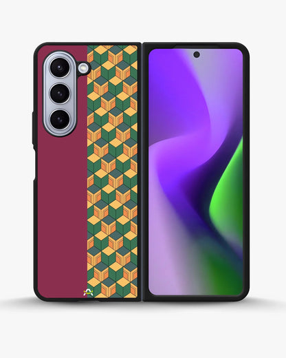 3D Cube Pattern Phone Case - Yellow & Burgundy Geometric Print for iPhone, Samsung, Pixel, OnePlus & Vivo