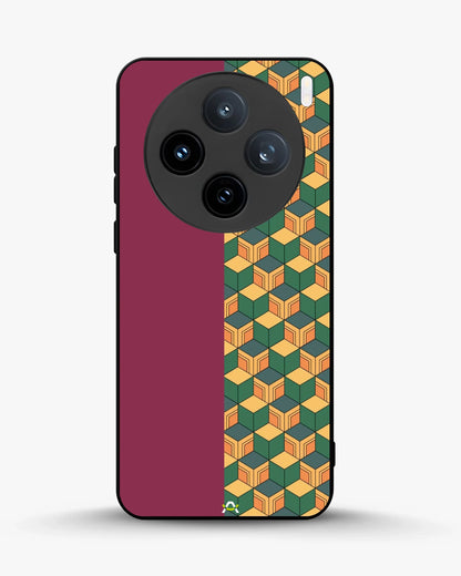 3D Cube Pattern Phone Case - Yellow & Burgundy Geometric Print for iPhone, Samsung, Pixel, OnePlus & Vivo