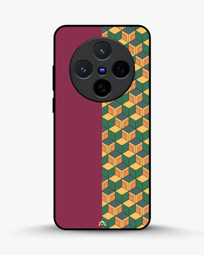 3D Cube Pattern Phone Case - Yellow & Burgundy Geometric Print for iPhone, Samsung, Pixel, OnePlus & Vivo